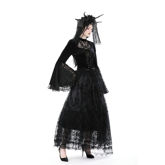 Dark in Love Victorian Vkei Velvet & Lace Belle Sleeve Lace-Up Front Top - Picture 13 of 14